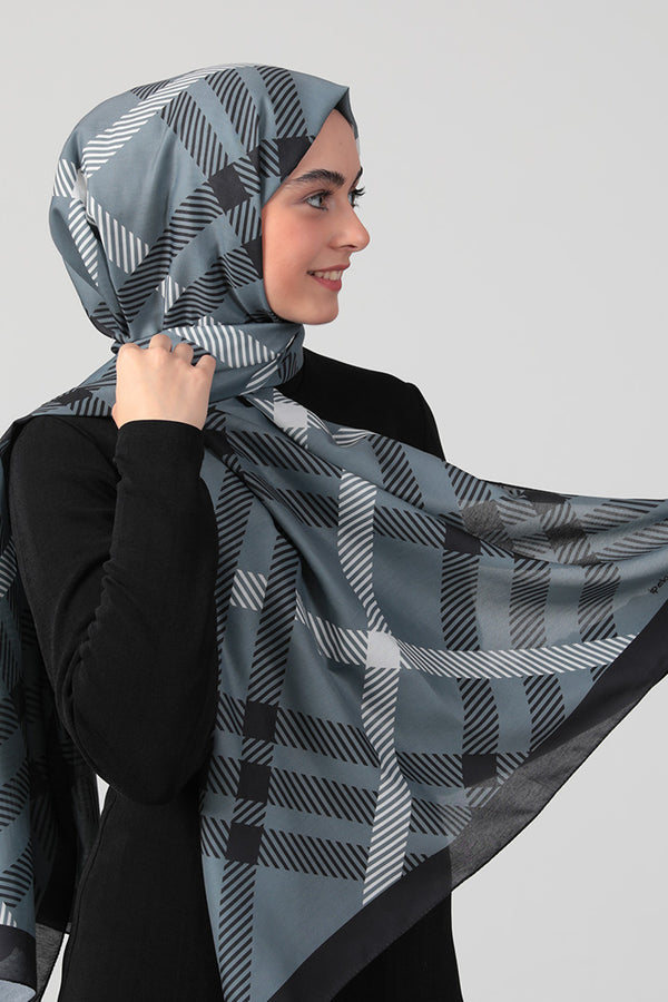 Pamuk Ipek Şal - Ekose Desen - Antrasit