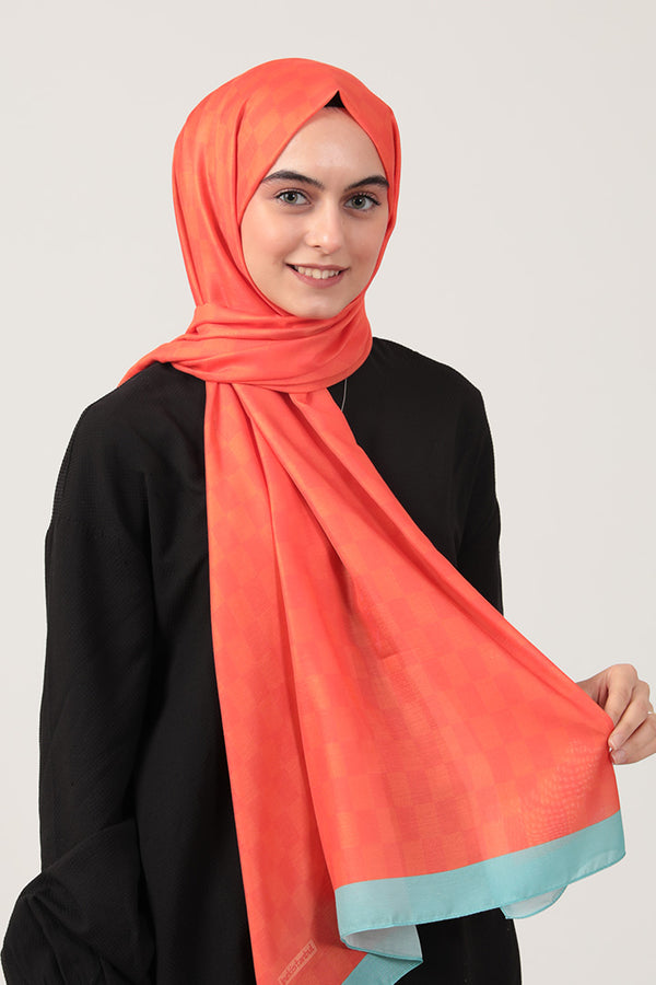 Pamuk İpek Şal - Dama Desen - Turuncu