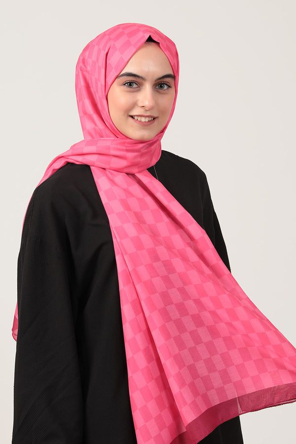 Pamuk İpek Şal - Dama Desen - Fuşya