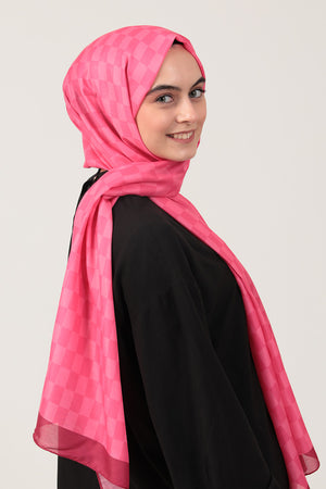 Pamuk İpek Şal - Dama Desen - Fuşya