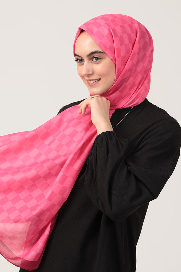 Pamuk İpek Şal - Dama Desen - Fuşya