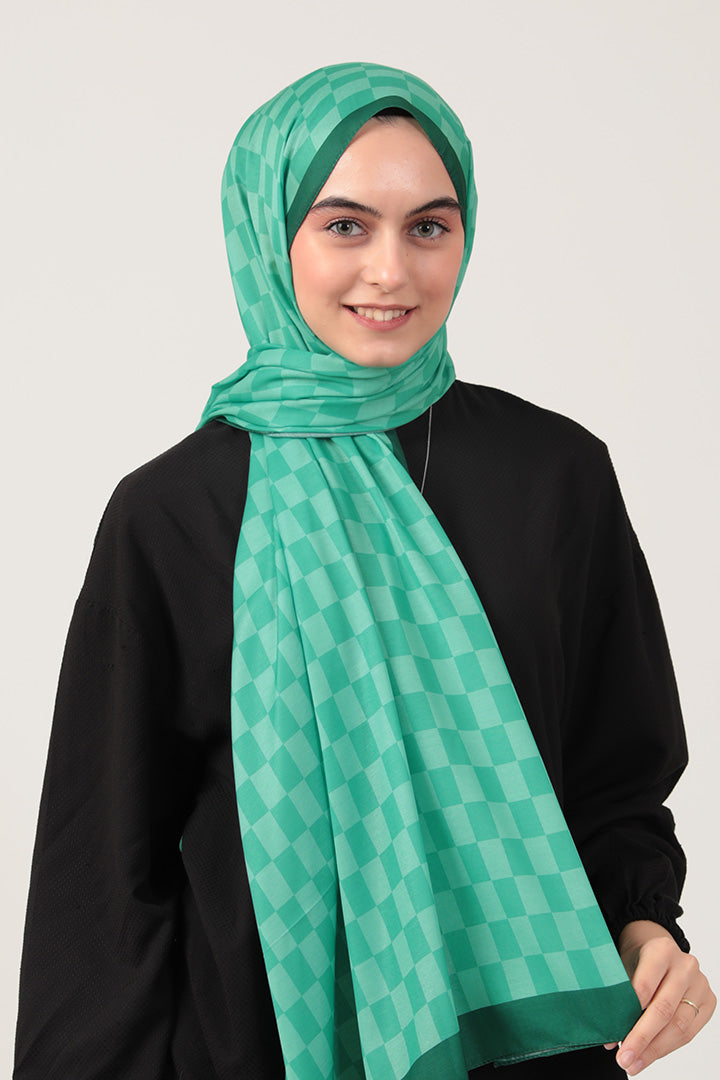 Pamuk İpek Şal - Dama Desen - Benetton Yeşili