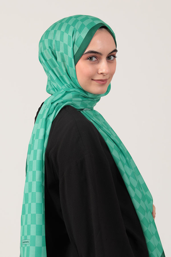 Pamuk İpek Şal - Dama Desen - Benetton Yeşili