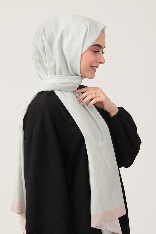 Pamuk İpek Şal - Dama Desen - Ekru Pudra