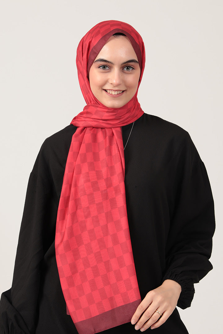 Pamuk İpek Şal - Dama Desen - Kırmızı