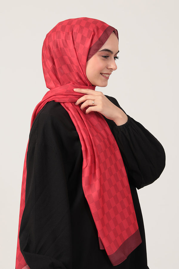 Pamuk İpek Şal - Dama Desen - Kırmızı