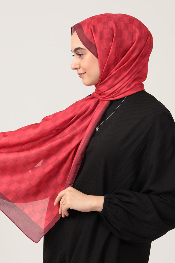 Pamuk İpek Şal - Dama Desen - Kırmızı