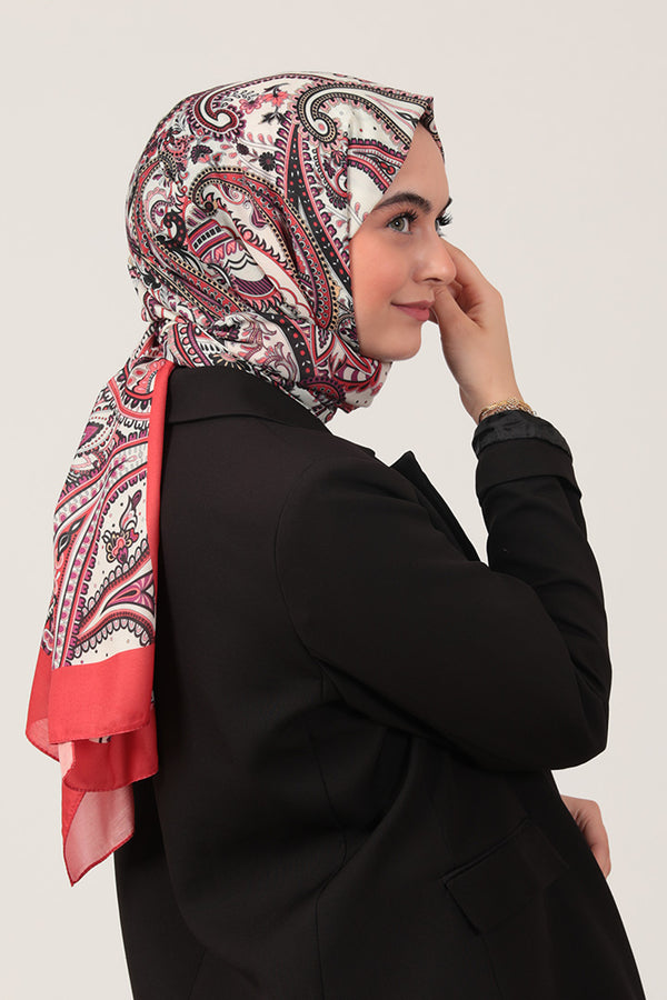 Pamuk İpek Şal - Etnik Desen - Kırmızı
