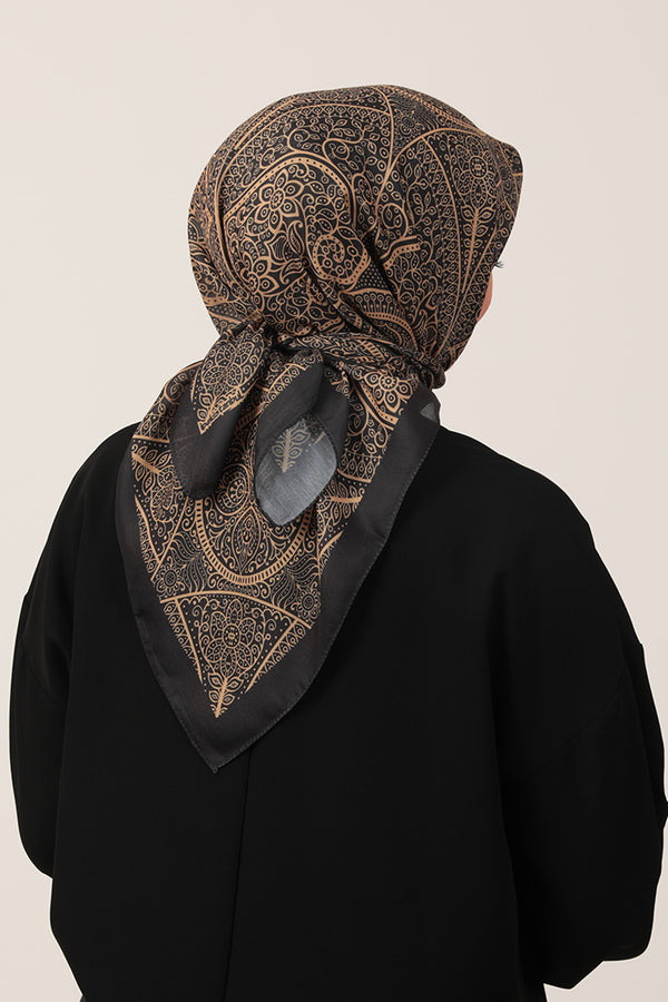 Pamuk İpek Eşarp - Sarmaşık Desen - Siyah Gold