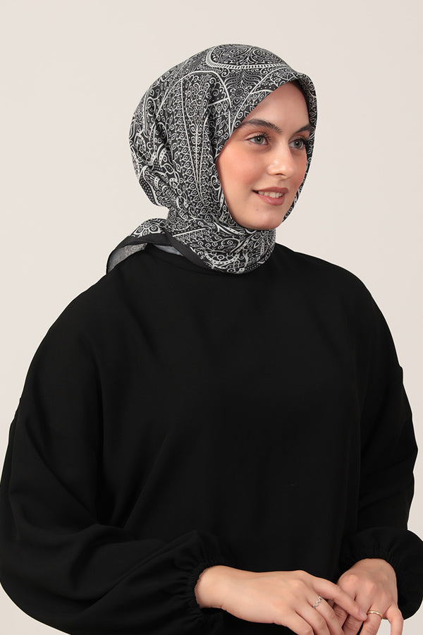 Pamuk İpek Eşarp - Sarmaşık Desen - Siyah