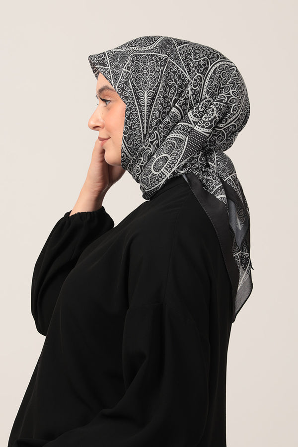 Pamuk İpek Eşarp - Sarmaşık Desen - Siyah