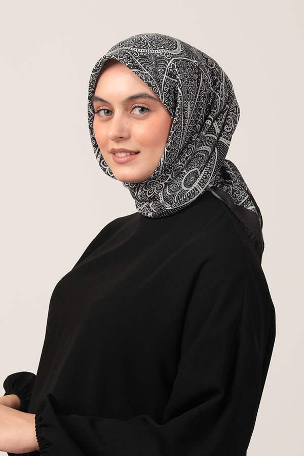 Pamuk İpek Eşarp - Sarmaşık Desen - Siyah