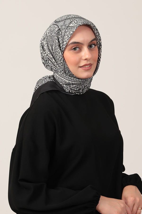 Pamuk İpek Eşarp - Sarmaşık Desen - Siyah Beyaz