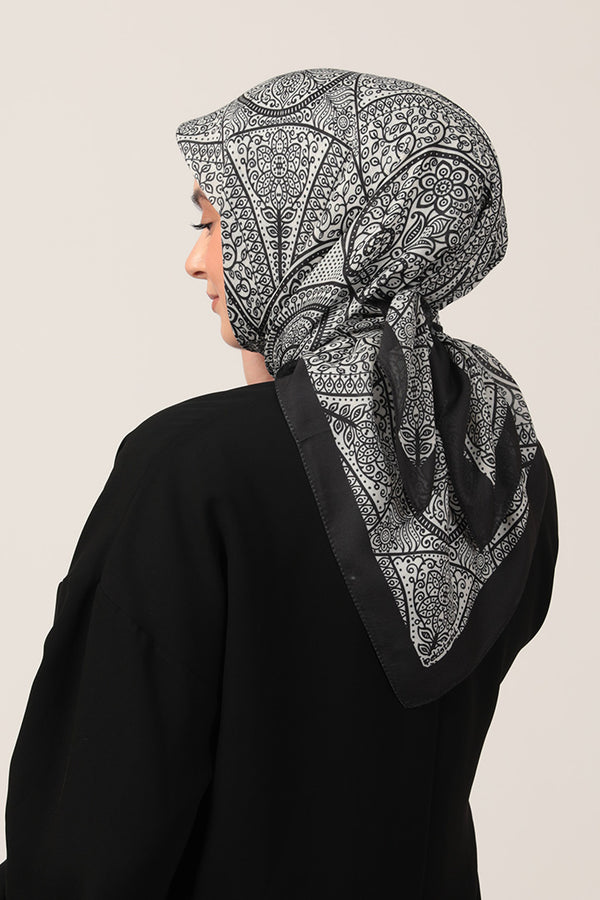 Pamuk İpek Eşarp - Sarmaşık Desen - Siyah Beyaz