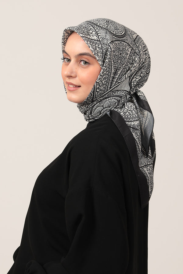 Pamuk İpek Eşarp - Sarmaşık Desen - Siyah Beyaz