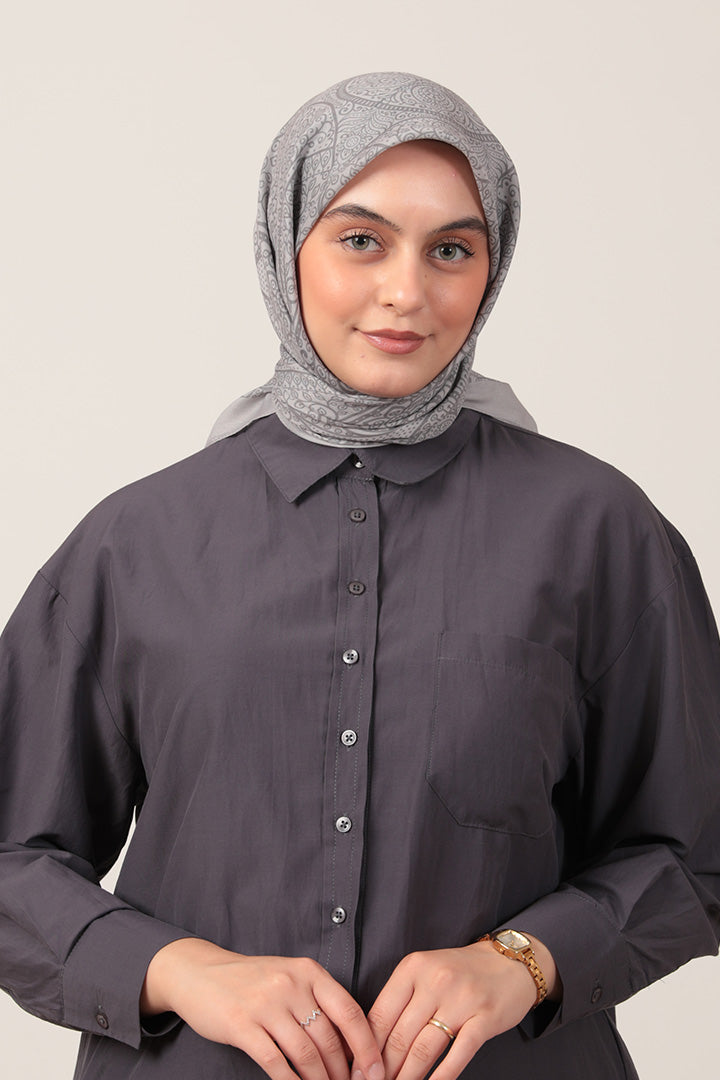 Pamuk İpek Eşarp - Sarmaşık Desen - Gri