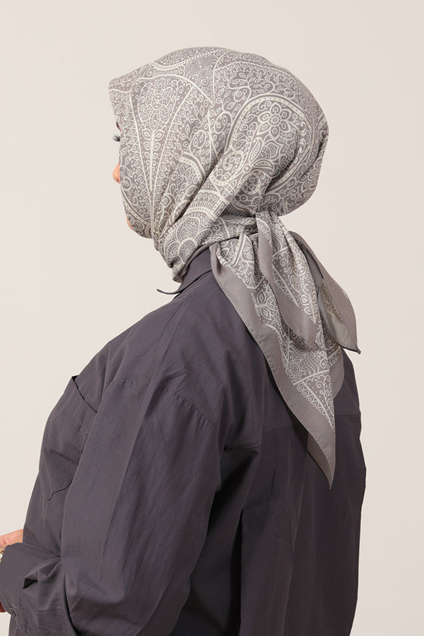 Pamuk İpek Eşarp - Sarmaşık Desen - Gümüş