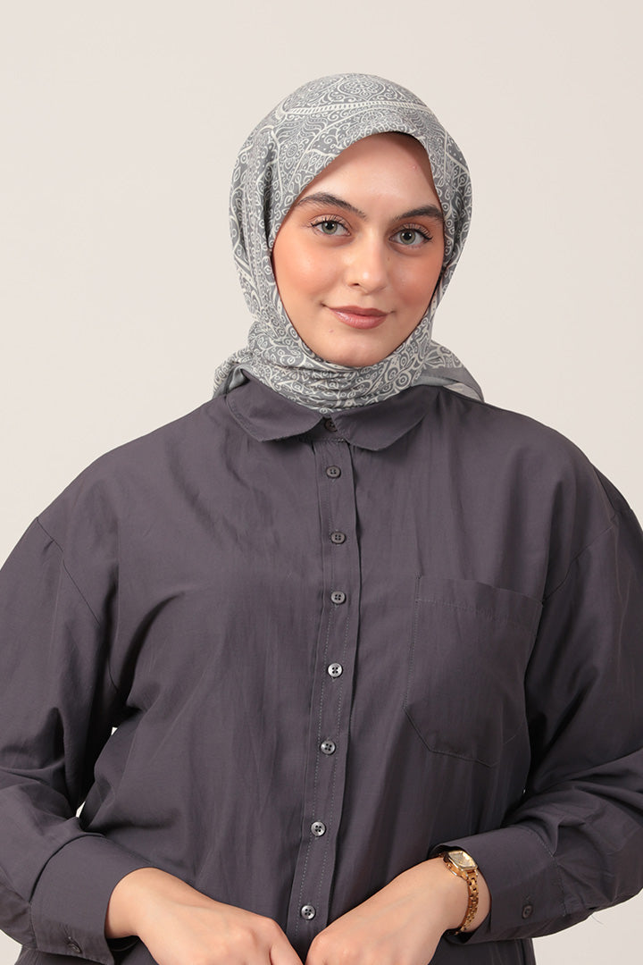 Pamuk İpek Eşarp - Sarmaşık Desen - Koyu Gri