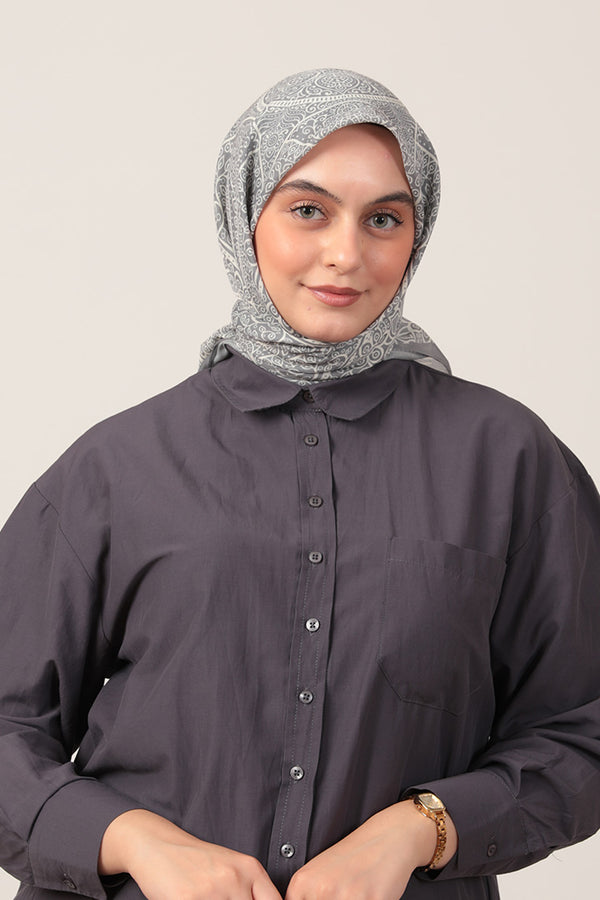 Pamuk İpek Eşarp - Sarmaşık Desen - Koyu Gri