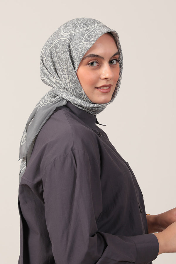 Pamuk İpek Eşarp - Sarmaşık Desen - Koyu Gri