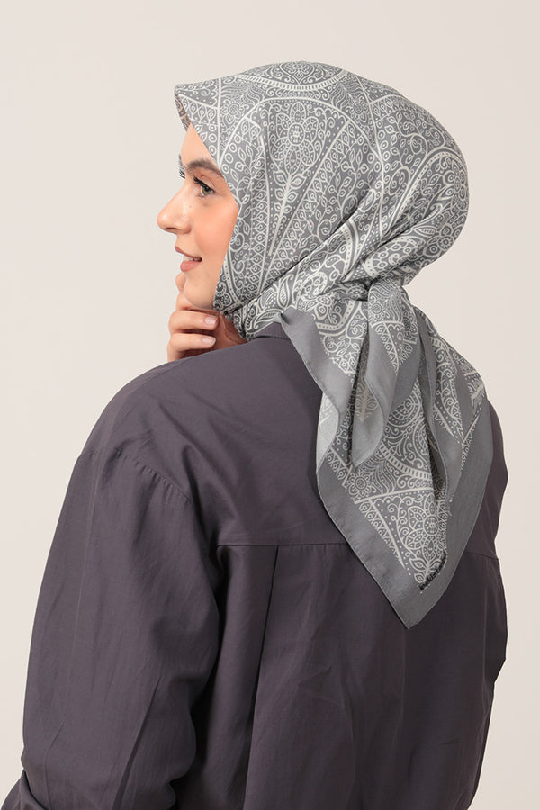 Pamuk İpek Eşarp - Sarmaşık Desen - Koyu Gri