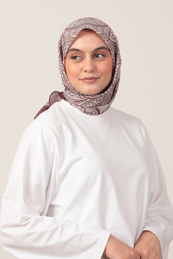 Pamuk İpek Eşarp - Sarmaşık Desen - Kahverengi