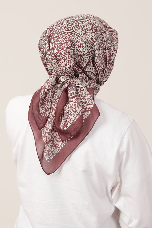 Pamuk İpek Eşarp - Sarmaşık Desen - Kahverengi