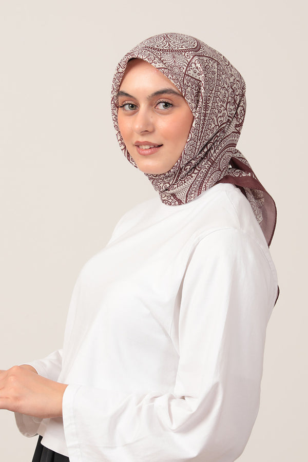 Pamuk İpek Eşarp - Sarmaşık Desen - Kahverengi