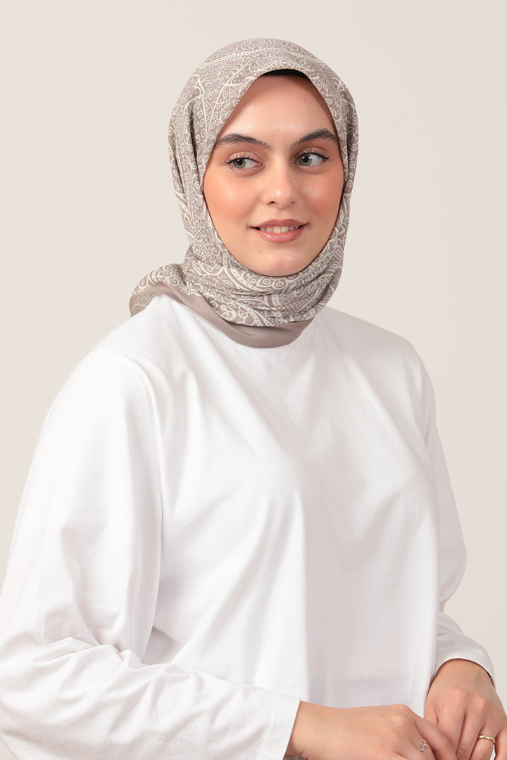 Pamuk İpek Eşarp - Sarmaşık Desen - Açık Vizon