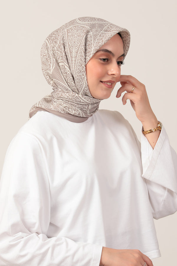 Pamuk İpek Eşarp - Sarmaşık Desen - Açık Vizon