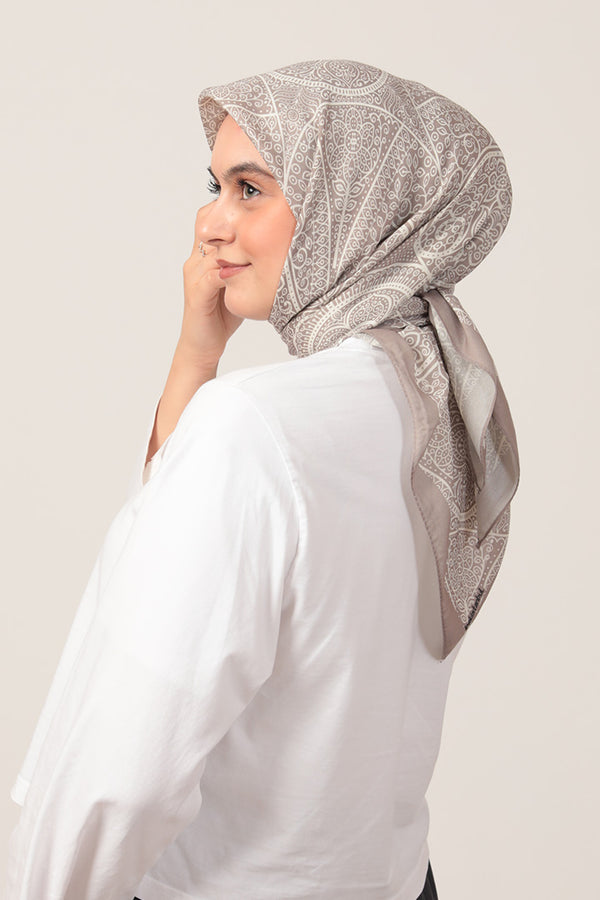 Pamuk İpek Eşarp - Sarmaşık Desen - Açık Vizon