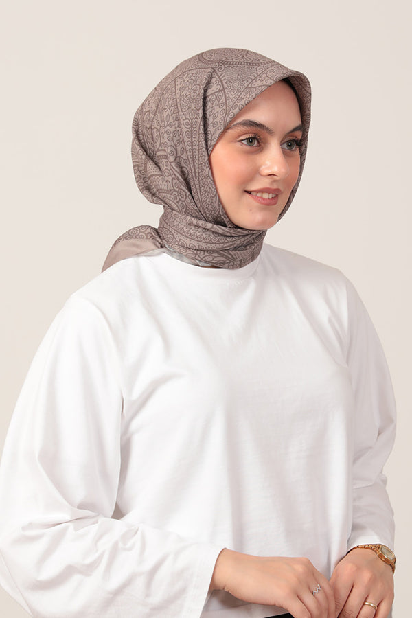 Pamuk İpek Eşarp - Sarmaşık Desen - Koyu Vizon