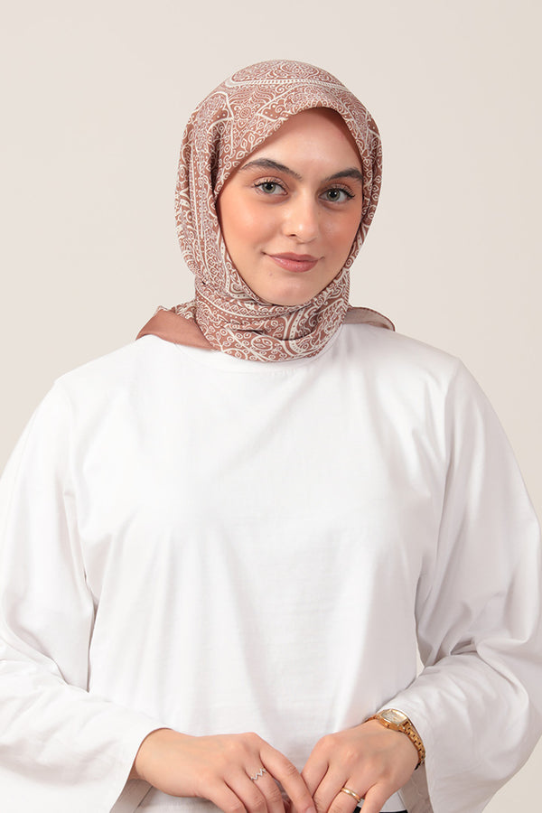 Pamuk İpek Eşarp - Sarmaşık Desen - Camel