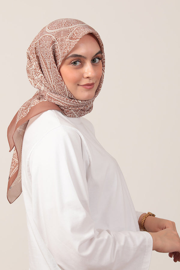 Pamuk İpek Eşarp - Sarmaşık Desen - Camel