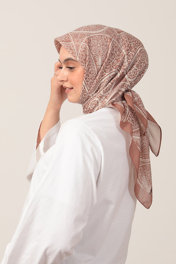 Pamuk İpek Eşarp - Sarmaşık Desen - Camel