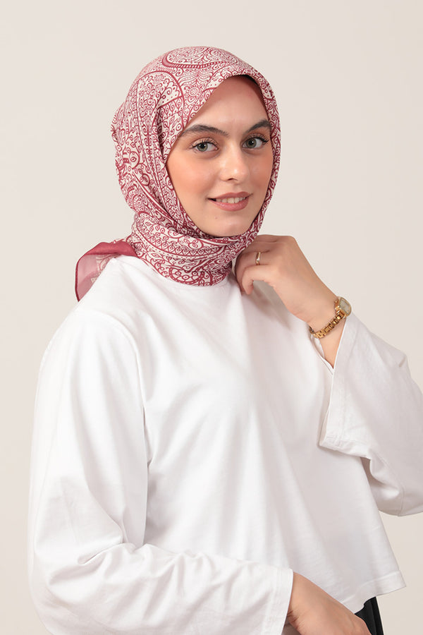 Pamuk İpek Eşarp - Sarmaşık Desen - Bordo Ekru