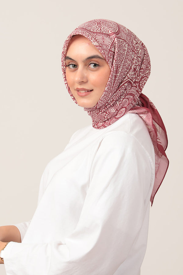 Pamuk İpek Eşarp - Sarmaşık Desen - Bordo Ekru