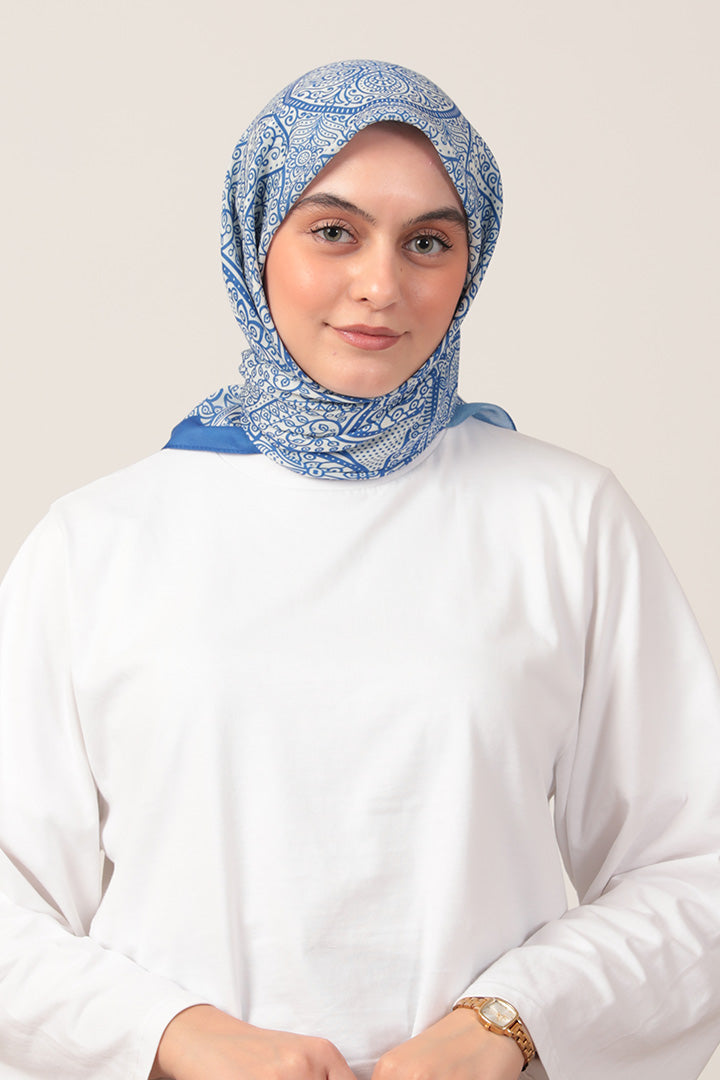 Pamuk İpek Eşarp - Sarmaşık Desen - Saks Mavisi