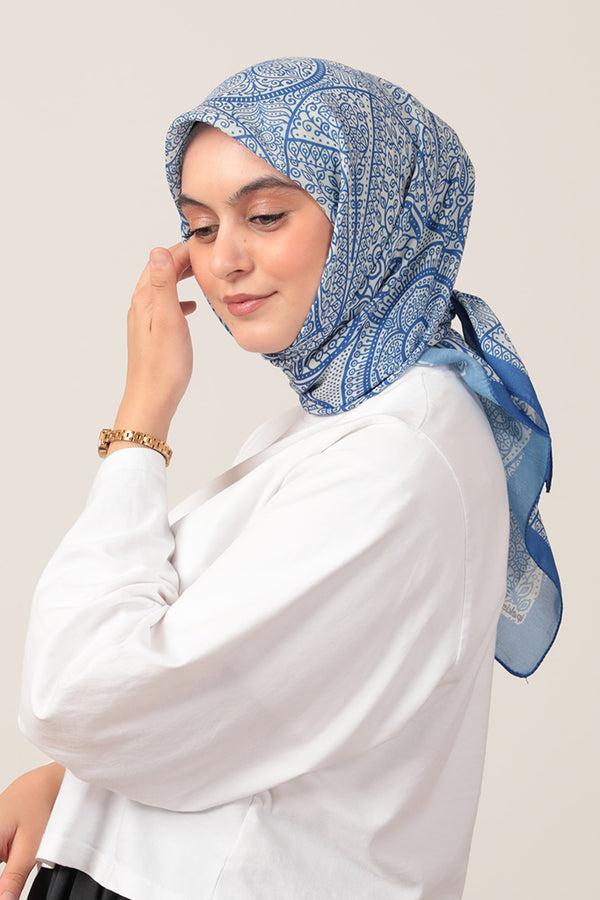 Pamuk İpek Eşarp - Sarmaşık Desen - Saks Mavisi