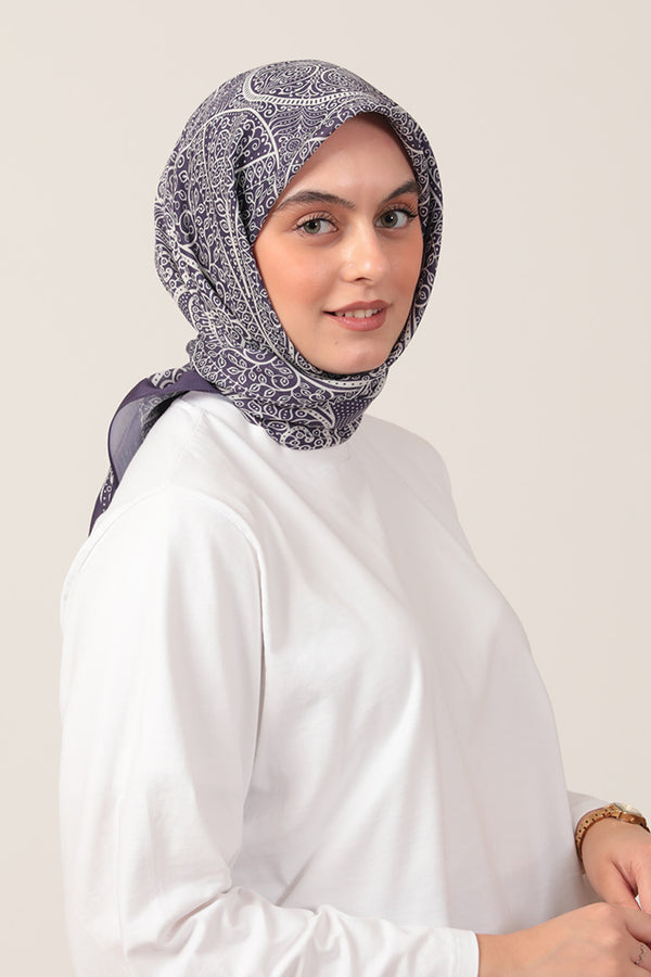 Pamuk İpek Eşarp - Sarmaşık Desen - Mor