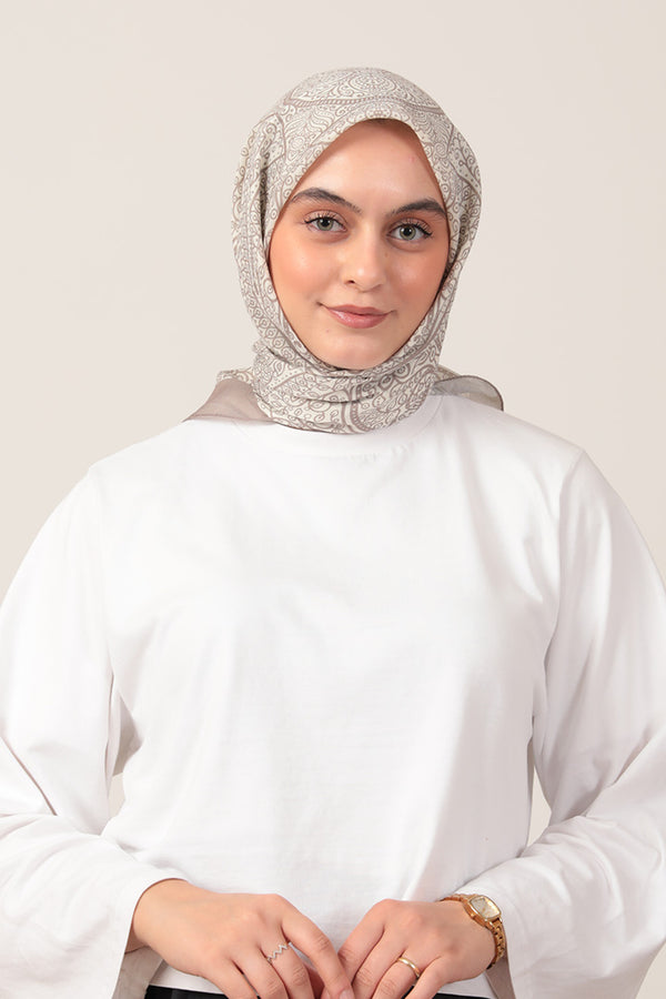 Pamuk İpek Eşarp - Sarmaşık Desen - Taş Ekru