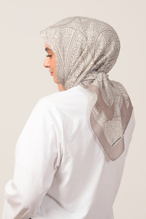 Pamuk İpek Eşarp - Sarmaşık Desen - Taş Ekru