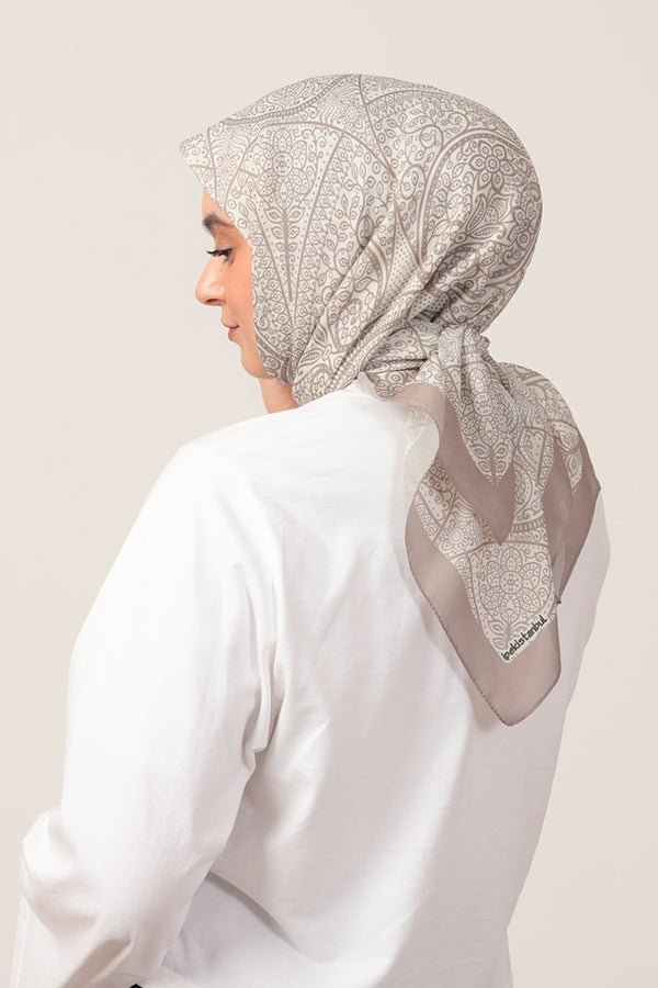 Pamuk İpek Eşarp - Sarmaşık Desen - Taş Ekru