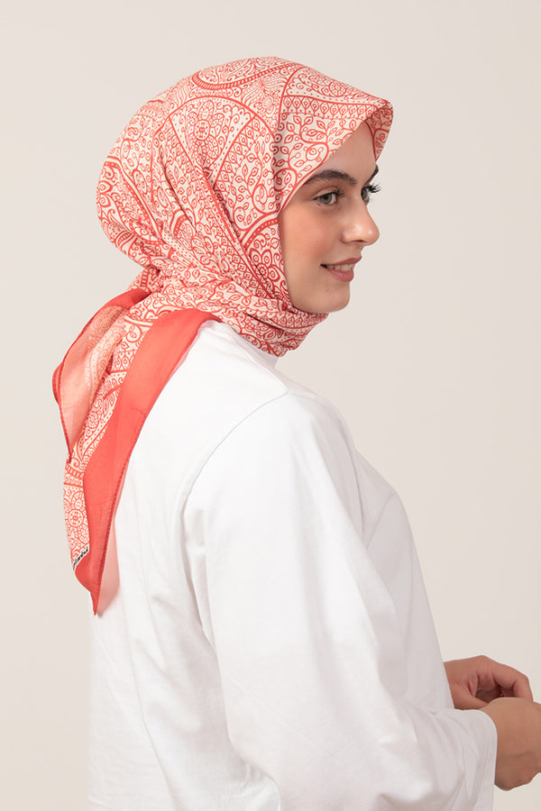 Pamuk İpek Eşarp - Sarmaşık Desen - Turuncu