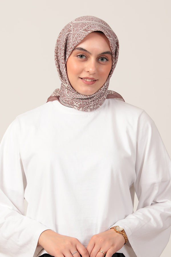 Pamuk İpek Eşarp - Sarmaşık Desen - Tatlı Kahve