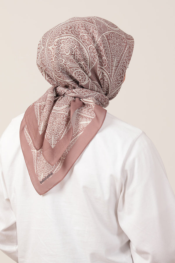 Pamuk İpek Eşarp - Sarmaşık Desen - Tatlı Kahve