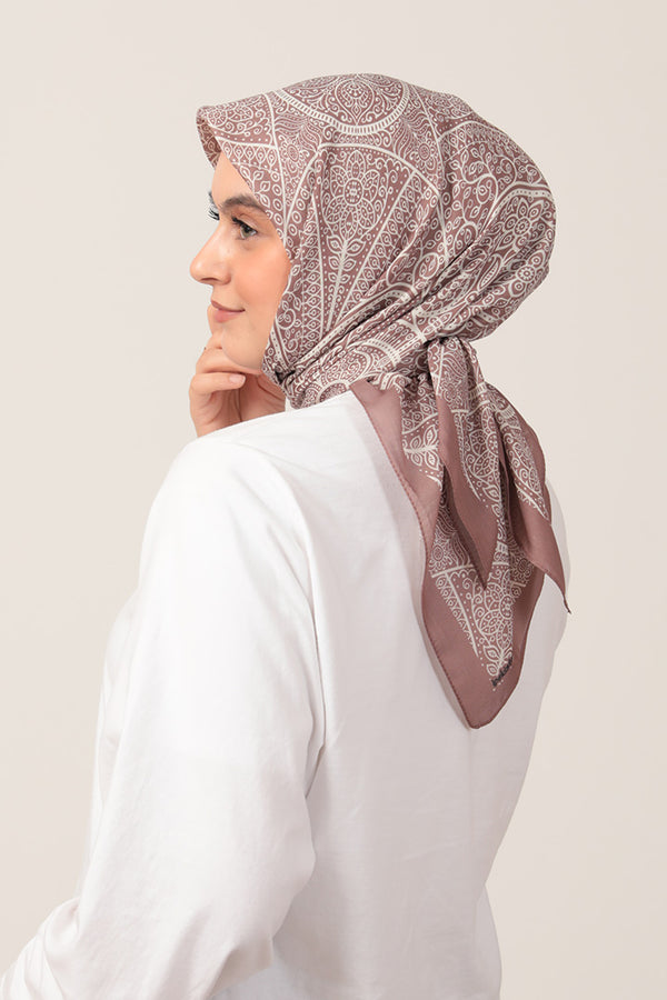 Pamuk İpek Eşarp - Sarmaşık Desen - Tatlı Kahve