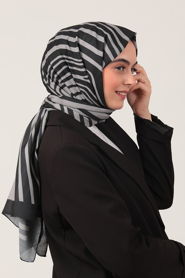 Pamuk İpek Şal - Çizgi Desen - Vizon