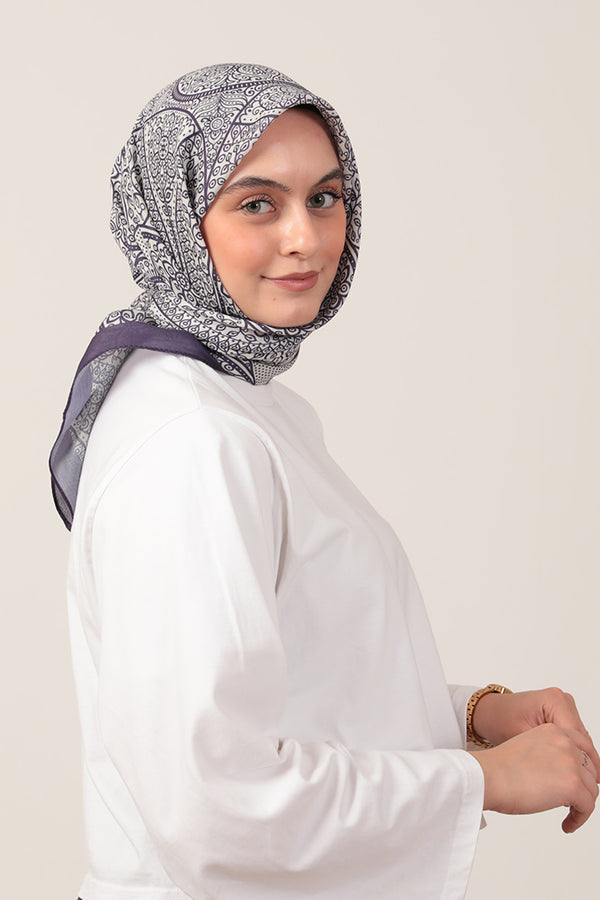 Pamuk İpek Eşarp - Sarmaşık Desen - Mor Ekru