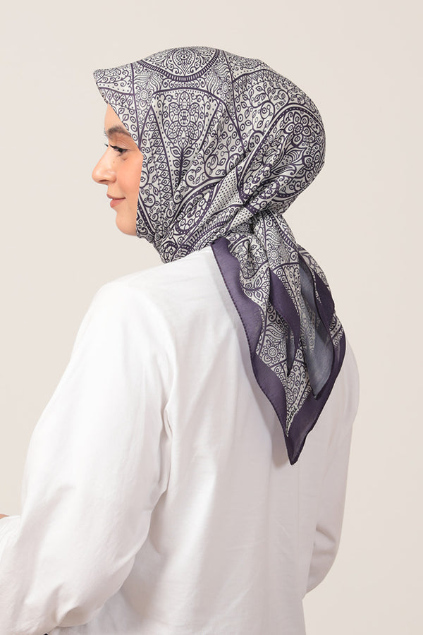 Pamuk İpek Eşarp - Sarmaşık Desen - Mor Ekru